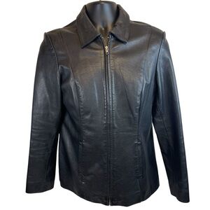 Old Navy Genuine Leather Jacket Womens Large Black Full Zip Classic Biker Y2K